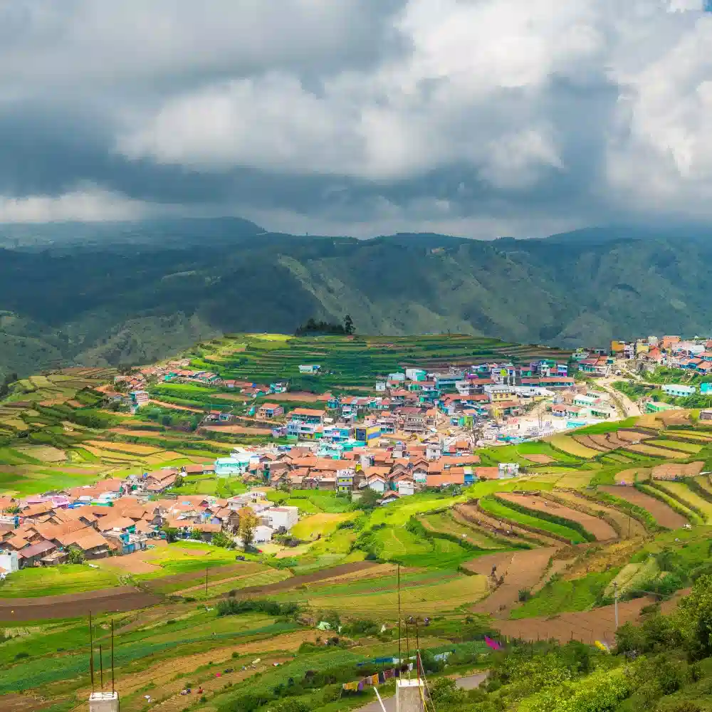 Aerial view of the stepped terrace farming and colorful village houses in the Poombarai Valley near Kodaikanal city.